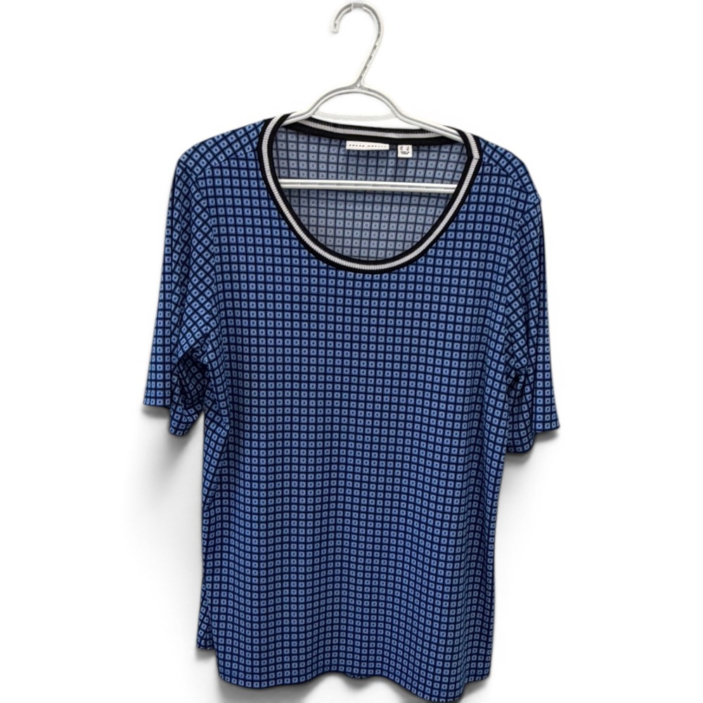 Susan Graver Liquid Knit Blue Geometric Square Back Button L Top career travel